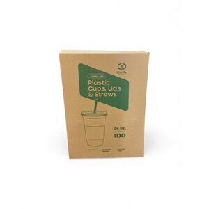 Comfy 24 Oz Plastic Cups Lids & Straws Combo Set 100 Pcs Durable Disposable Drin